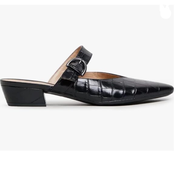 FOWT Black Croc-textured Pointed Toe Low Chunky Heel Strappy Mule Sandal - Picture 1 of 8